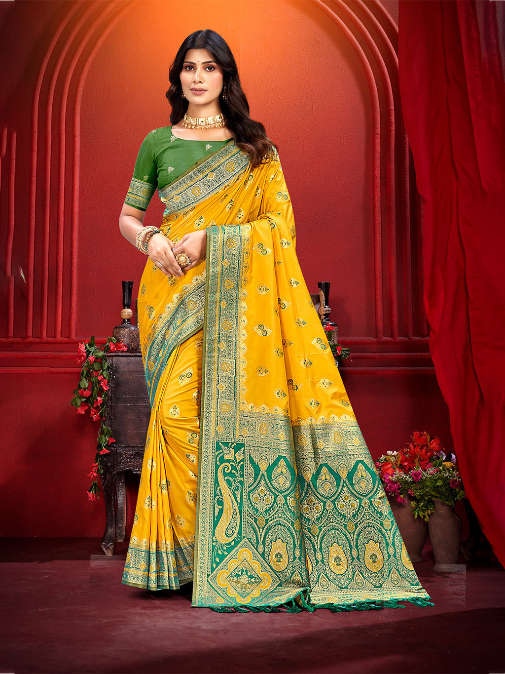 Sangam Prints Yellow Silk Woven Work Traditional Saree | Grocsy