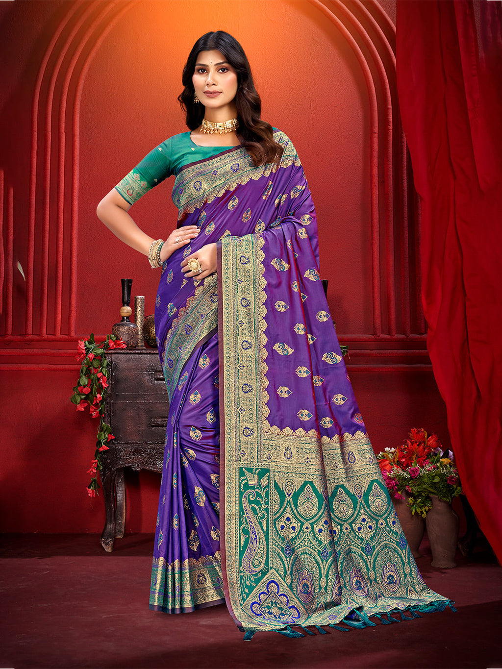 Sangam Prints Purple Silk Woven Work Traditional Saree | Grocsy