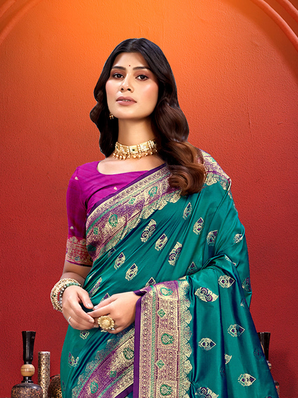 Sangam Prints Turquoise Blue Silk Woven Work Traditional Saree | Grocsy