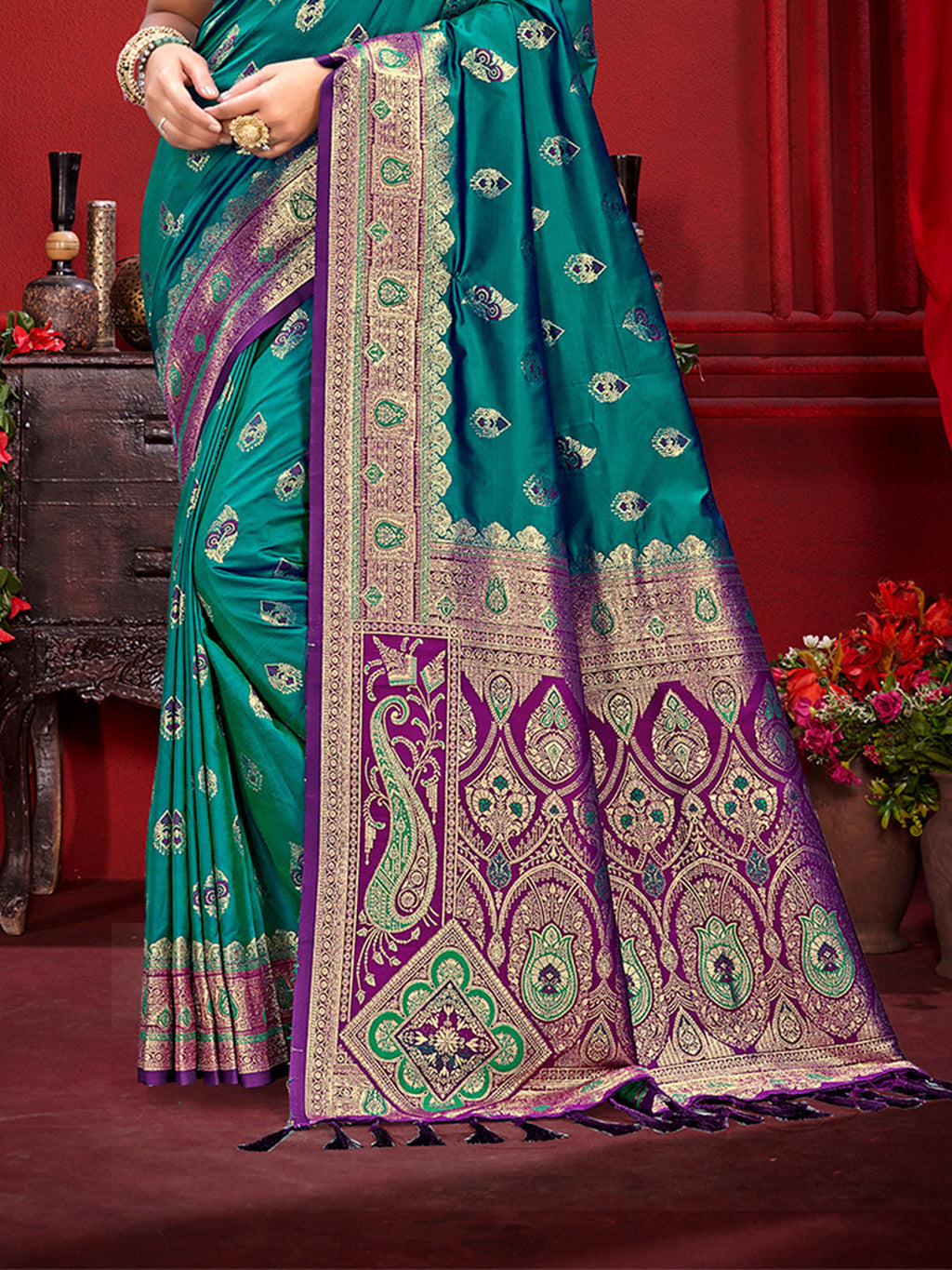 Sangam Prints Turquoise Blue Silk Woven Work Traditional Saree | Grocsy