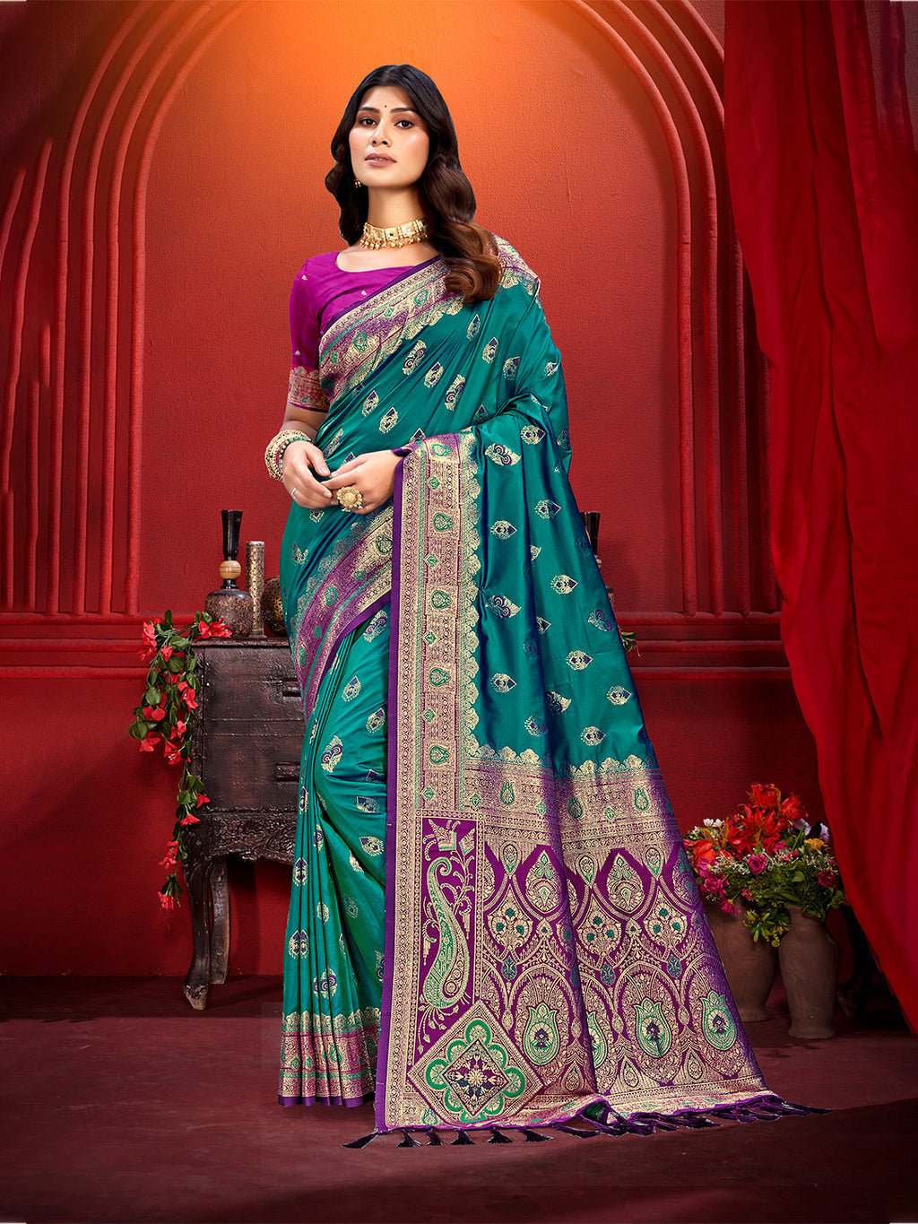 Sangam Prints Turquoise Blue Silk Woven Work Traditional Saree | Grocsy
