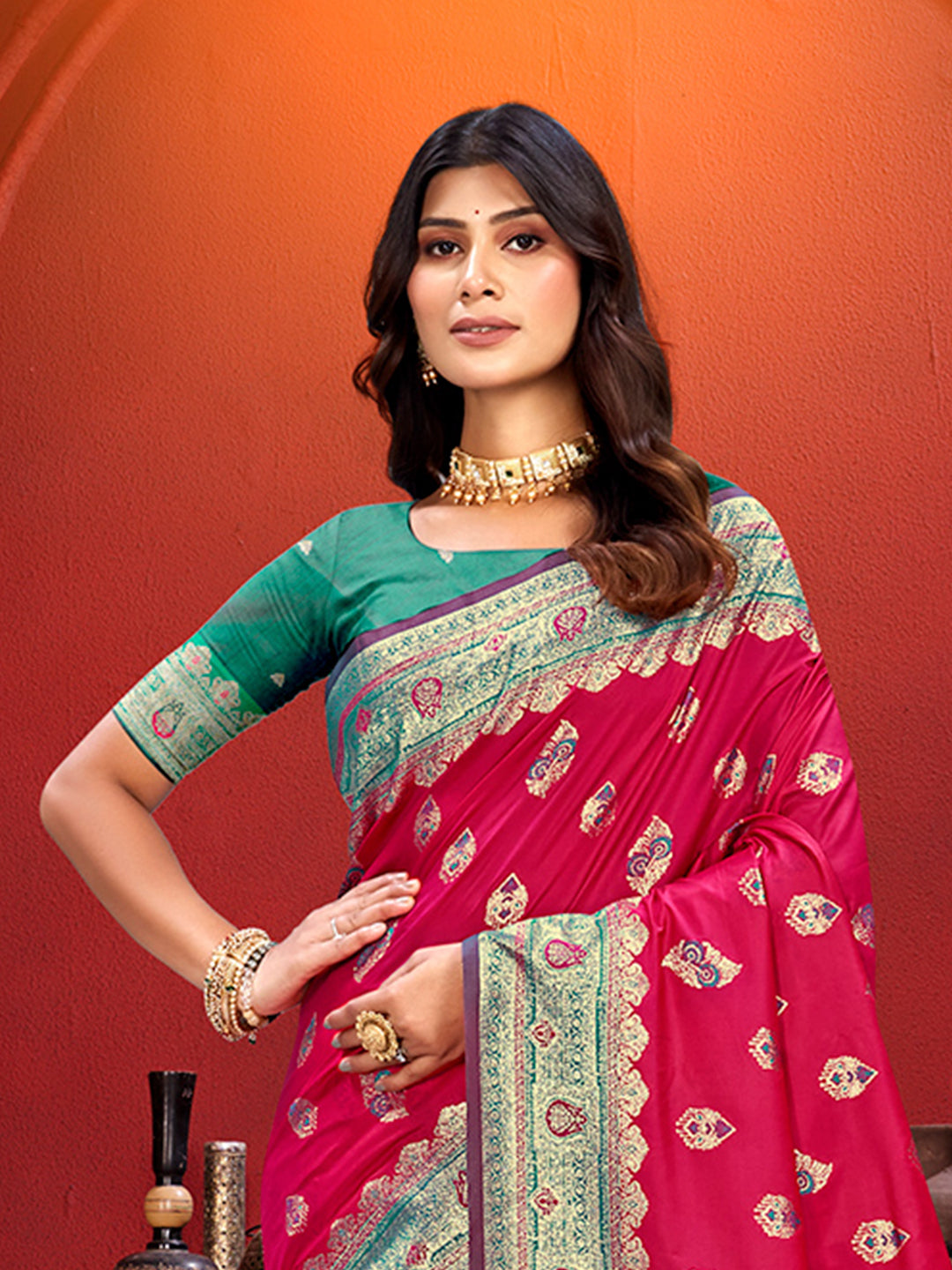 Sangam Prints Rani Pink Silk Woven Work Traditional Saree | Grocsy