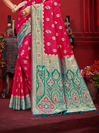 Sangam Prints Rani Pink Silk Woven Work Traditional Saree | Grocsy