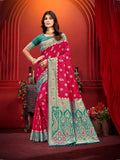 Sangam Prints Rani Pink Silk Woven Work Traditional Saree | Grocsy