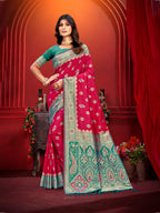 Sangam Prints Rani Pink Silk Woven Work Traditional Saree | Grocsy