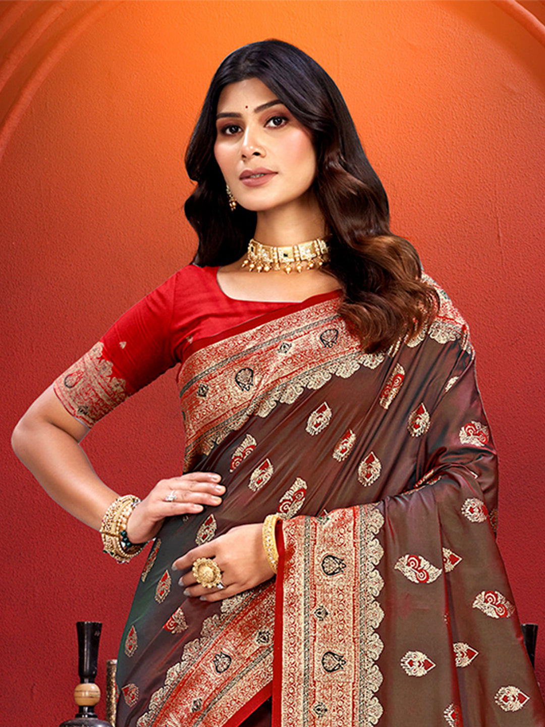 Sangam Prints Brown  Silk Woven Work Traditional Saree | Grocsy