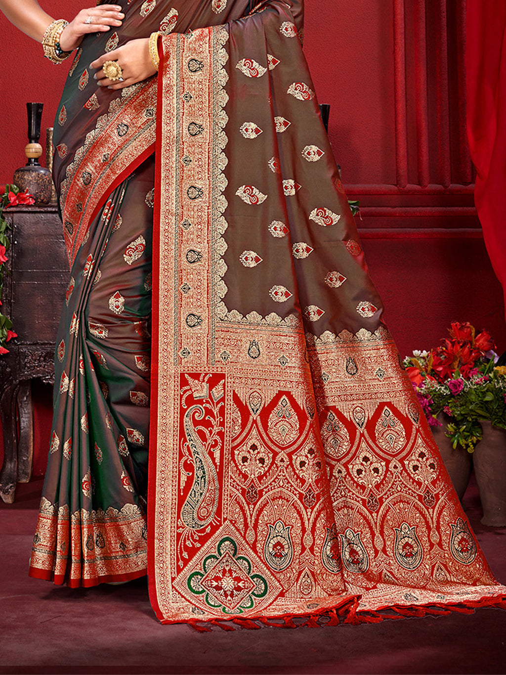 Sangam Prints Brown  Silk Woven Work Traditional Saree | Grocsy