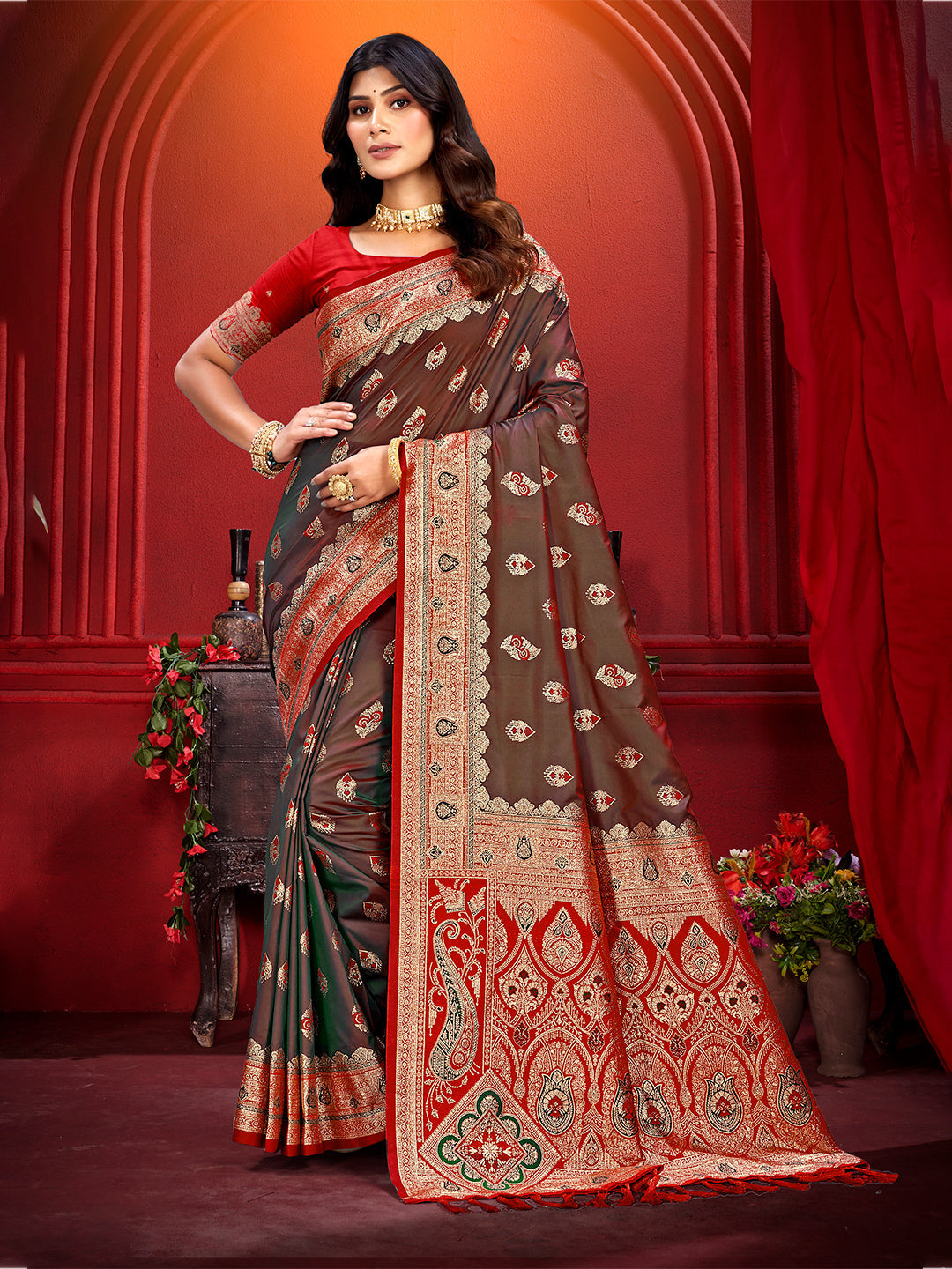 Sangam Prints Brown  Silk Woven Work Traditional Saree | Grocsy