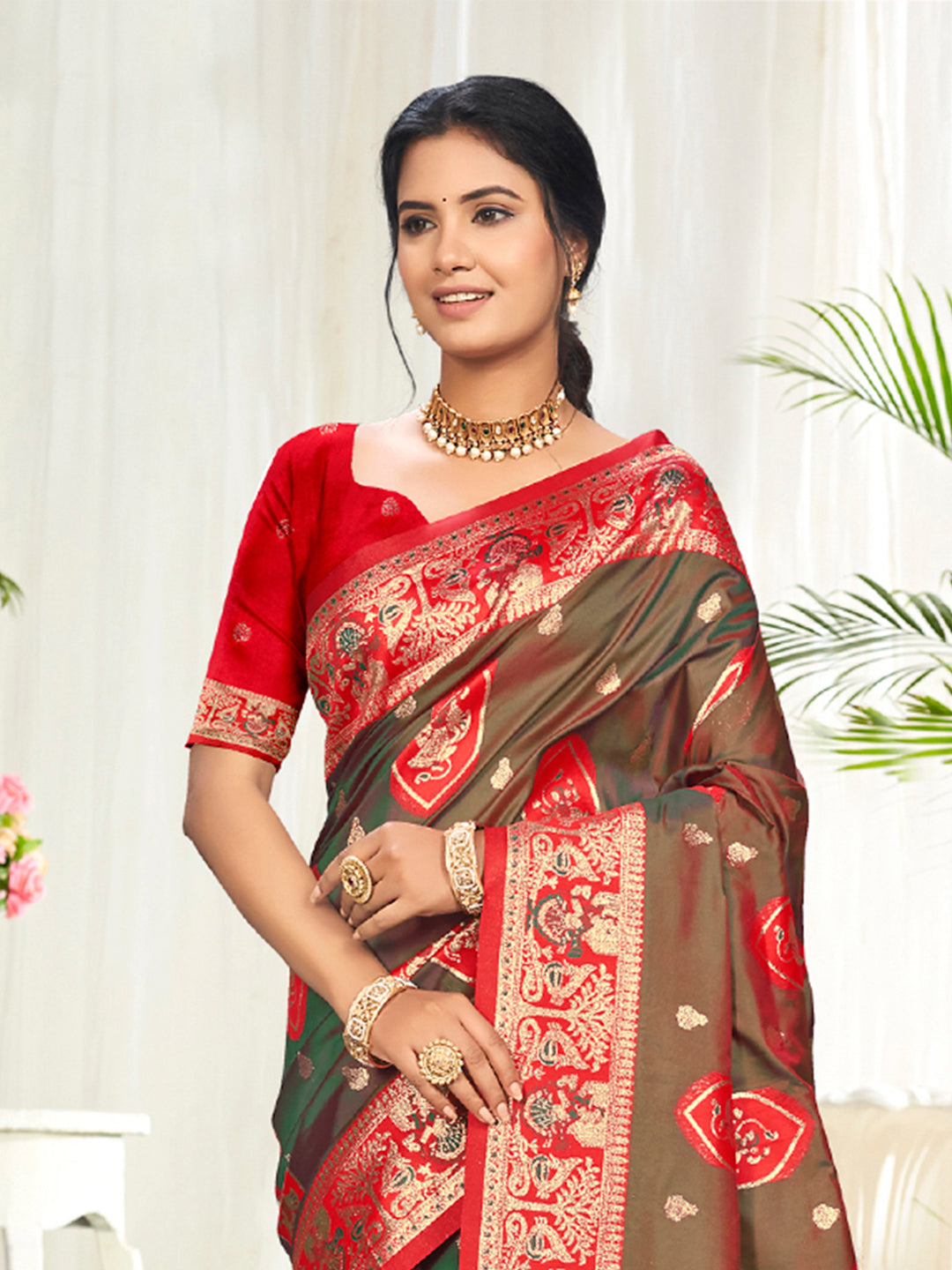Sangam Prints Light Brown Silk Woven Work Traditional Saree | Grocsy