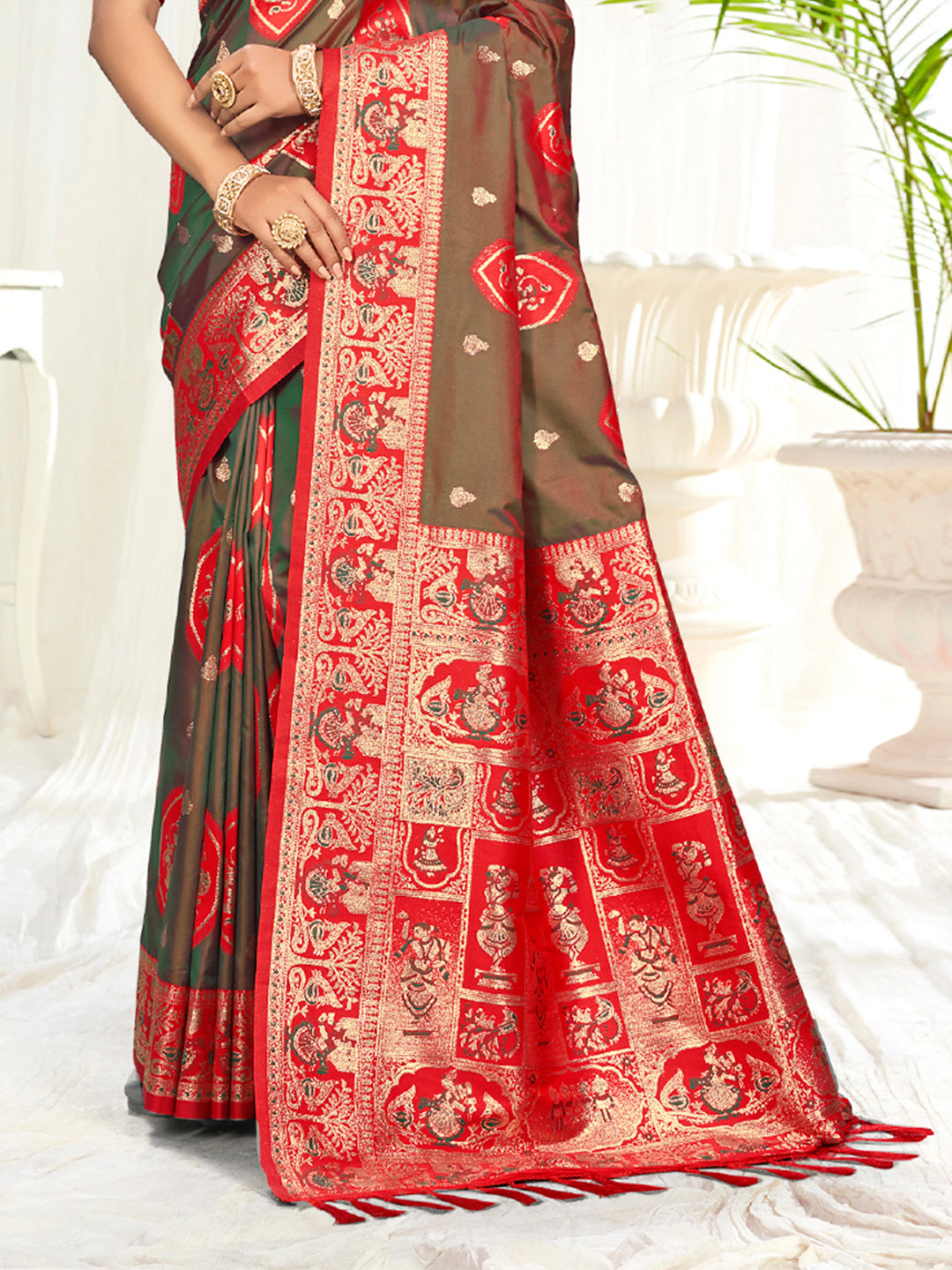 Sangam Prints Light Brown Silk Woven Work Traditional Saree | Grocsy