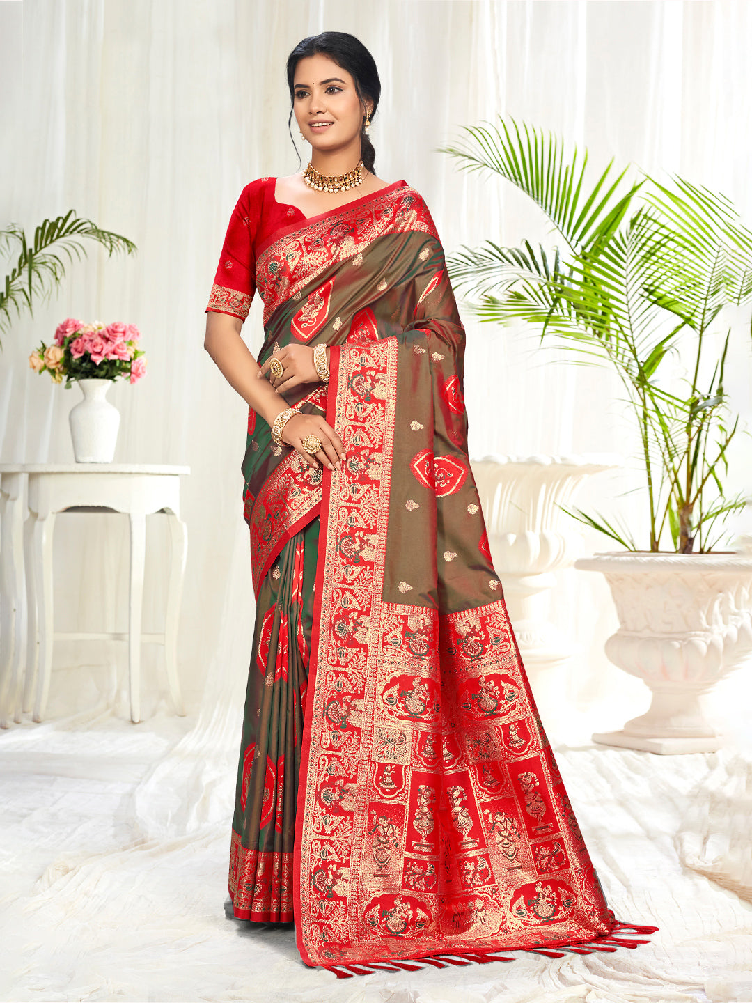 Sangam Prints Light Brown Silk Woven Work Traditional Saree | Grocsy