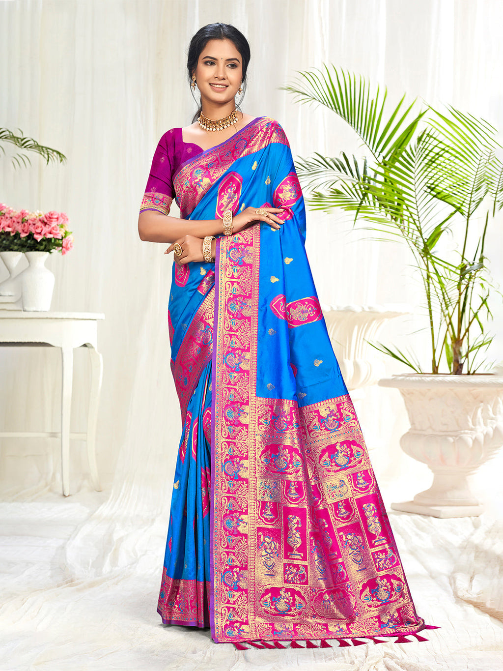 Sangam Prints Blue Silk Woven Work Traditional Saree | Grocsy