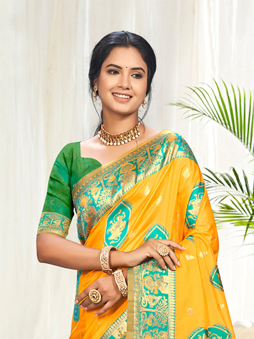 Sangam Prints Yellow Silk Woven Work Traditional Saree | Grocsy