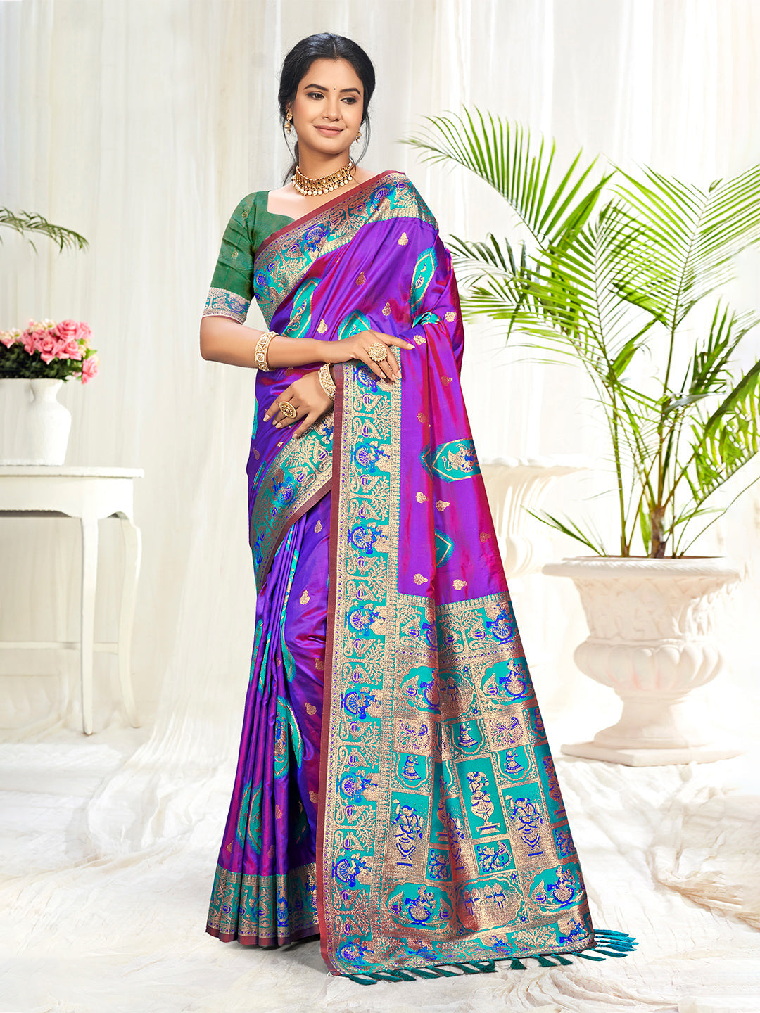 Sangam Prints Purple Silk Woven Work Traditional Saree | Grocsy
