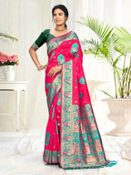 Sangam Prints Rani Pink Silk Woven Work Traditional Saree | Grocsy