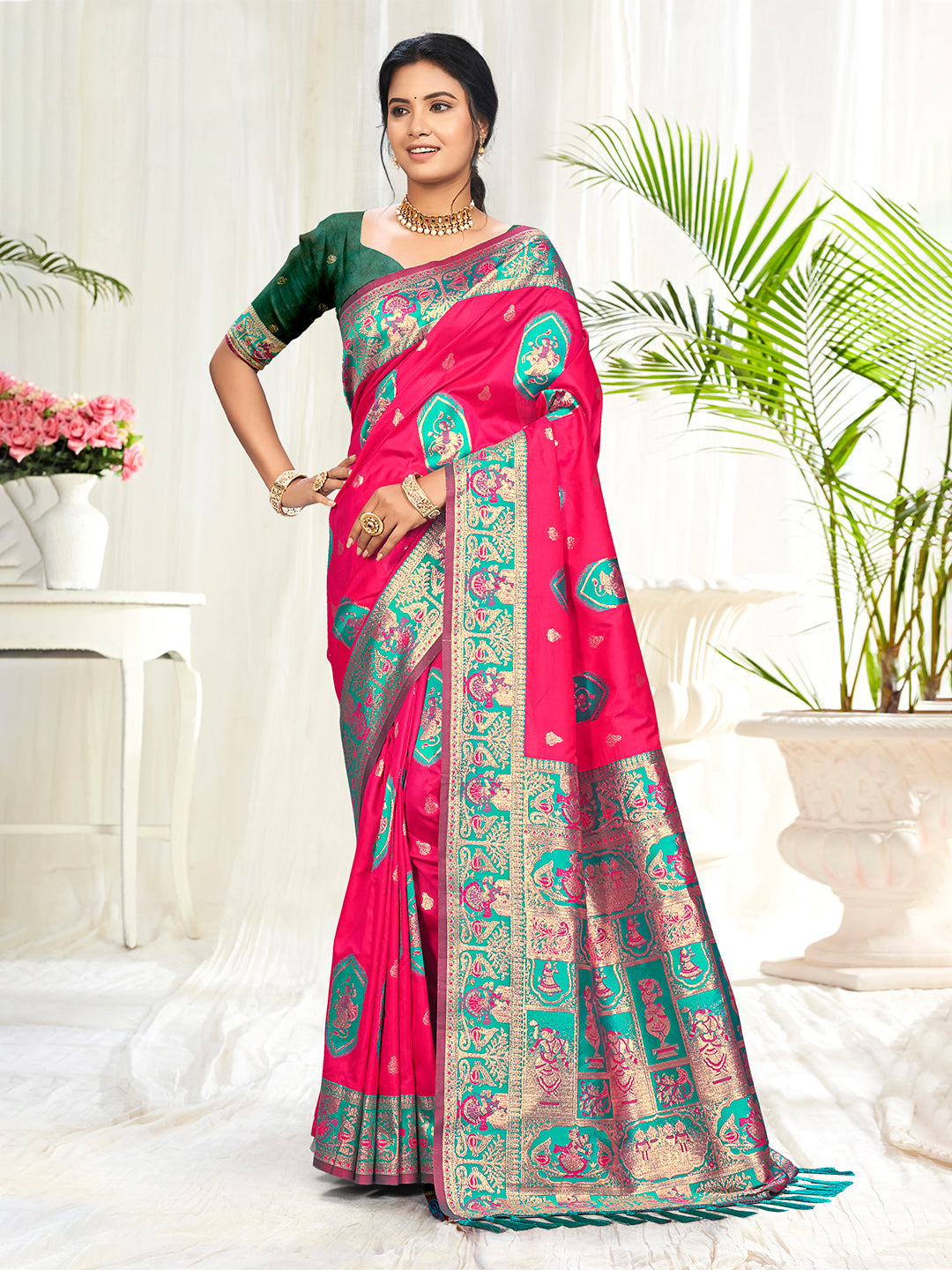 Sangam Prints Rani Pink Silk Woven Work Traditional Saree | Grocsy