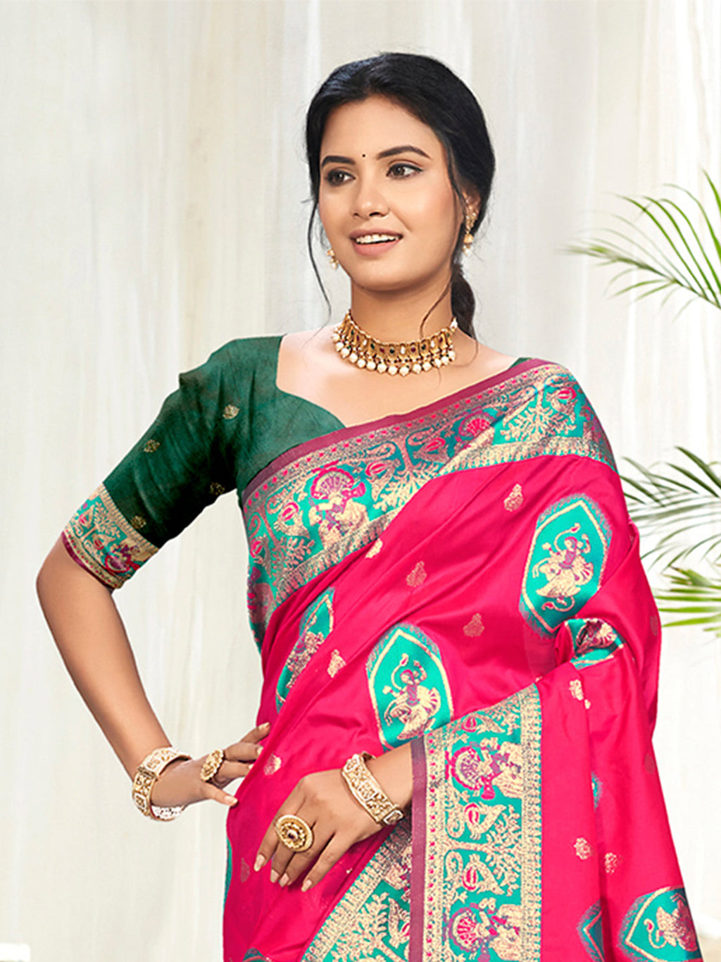 Sangam Prints Rani Pink Silk Woven Work Traditional Saree | Grocsy