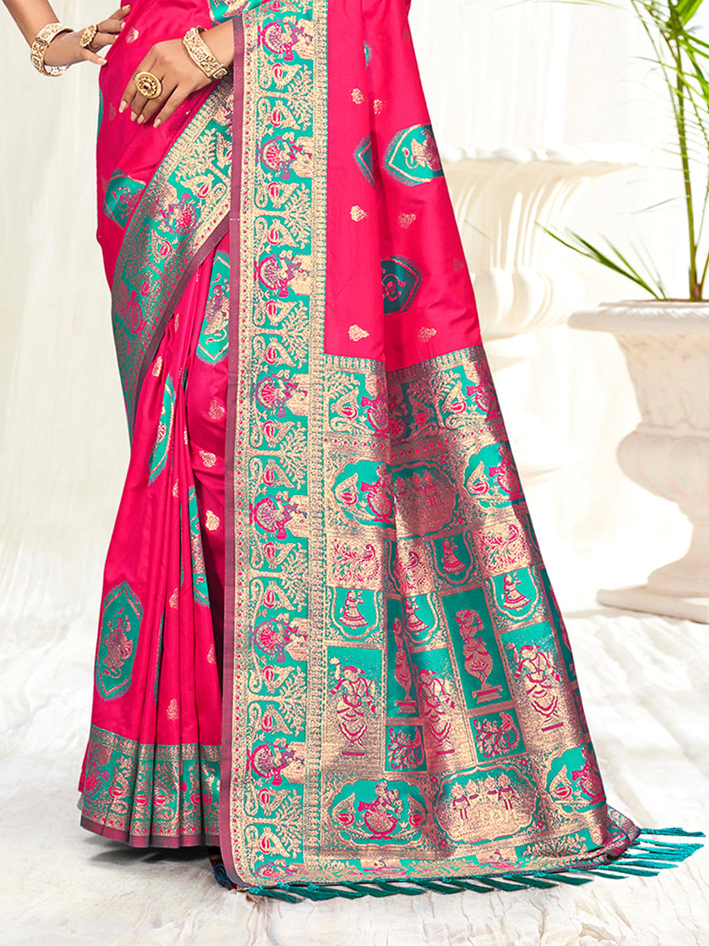 Sangam Prints Rani Pink Silk Woven Work Traditional Saree | Grocsy