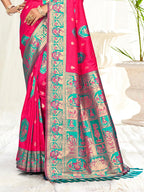 Sangam Prints Rani Pink Silk Woven Work Traditional Saree | Grocsy