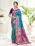 Sangam Prints Teal Blue Silk Woven Work Traditional Saree | Grocsy