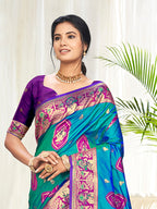 Sangam Prints Teal Blue Silk Woven Work Traditional Saree | Grocsy