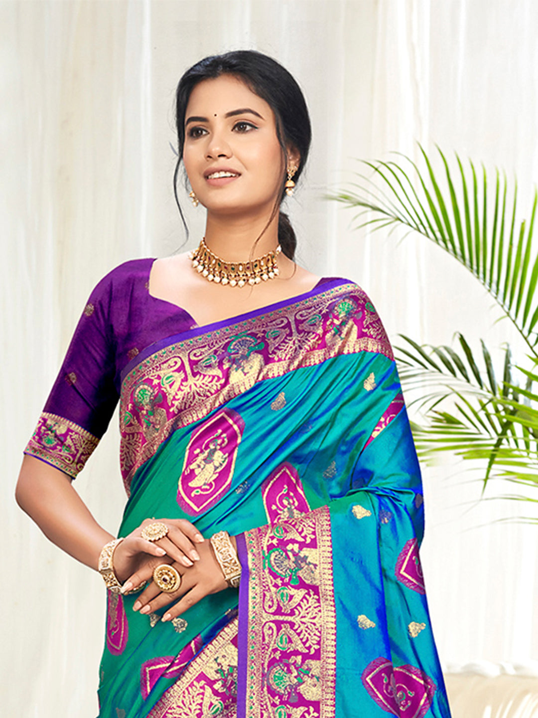 Sangam Prints Teal Blue Silk Woven Work Traditional Saree | Grocsy