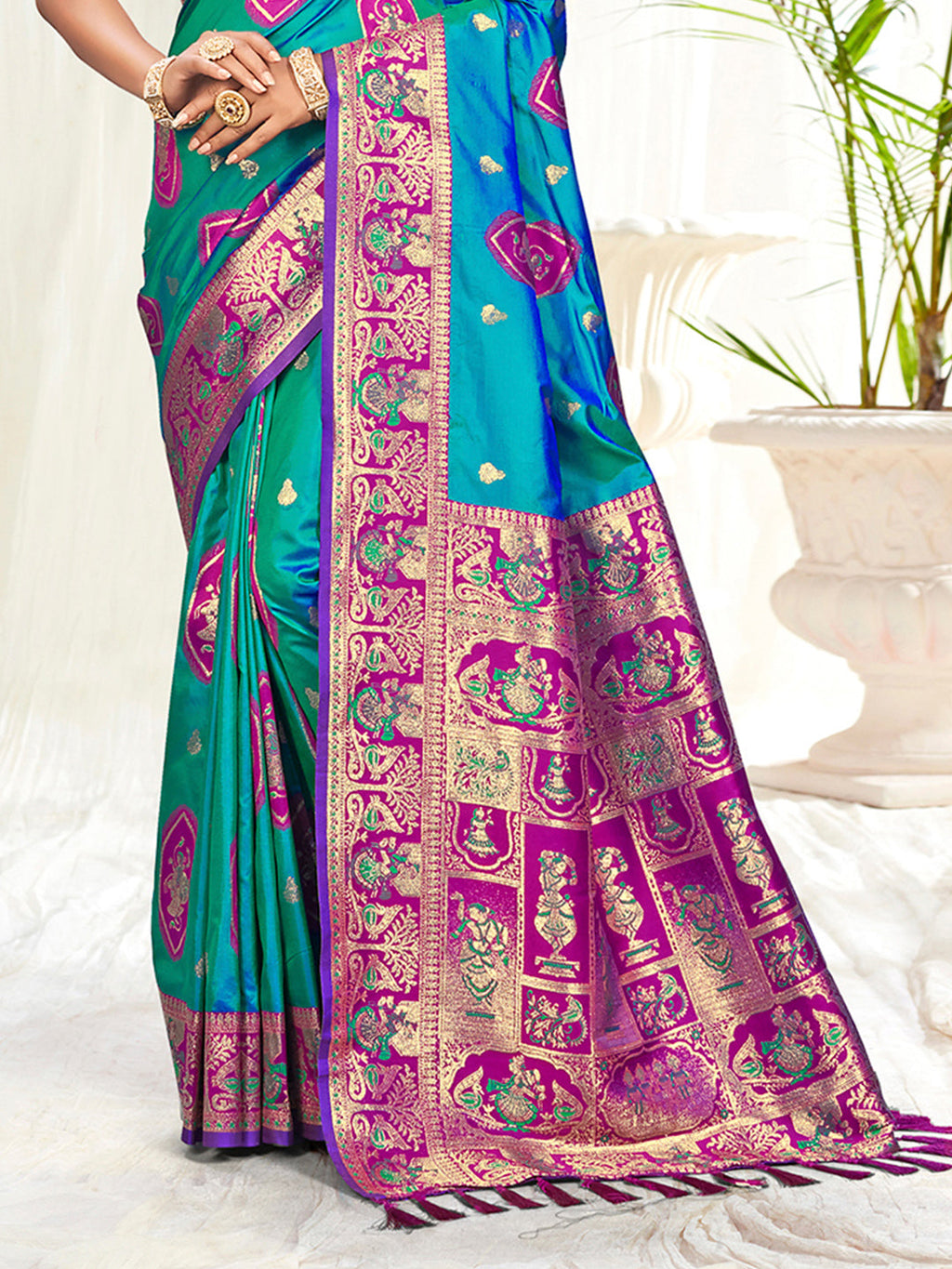 Sangam Prints Teal Blue Silk Woven Work Traditional Saree | Grocsy