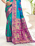 Sangam Prints Teal Blue Silk Woven Work Traditional Saree | Grocsy