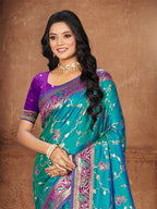 Sangam Prints Teal Blue Silk Woven Work Traditional Saree | Grocsy