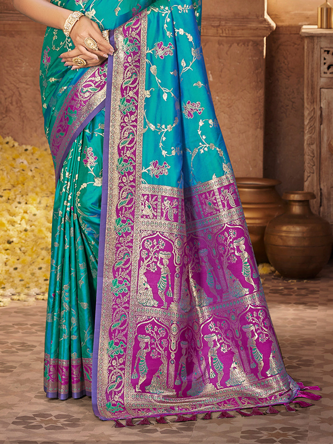 Sangam Prints Teal Blue Silk Woven Work Traditional Saree | Grocsy
