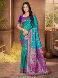 Sangam Prints Teal Blue Silk Woven Work Traditional Saree | Grocsy