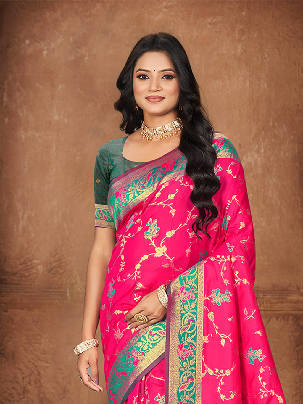 Sangam Prints Rani Pink Silk Woven Work Traditional Saree | Grocsy
