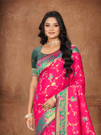 Sangam Prints Rani Pink Silk Woven Work Traditional Saree | Grocsy