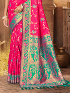 Sangam Prints Rani Pink Silk Woven Work Traditional Saree | Grocsy
