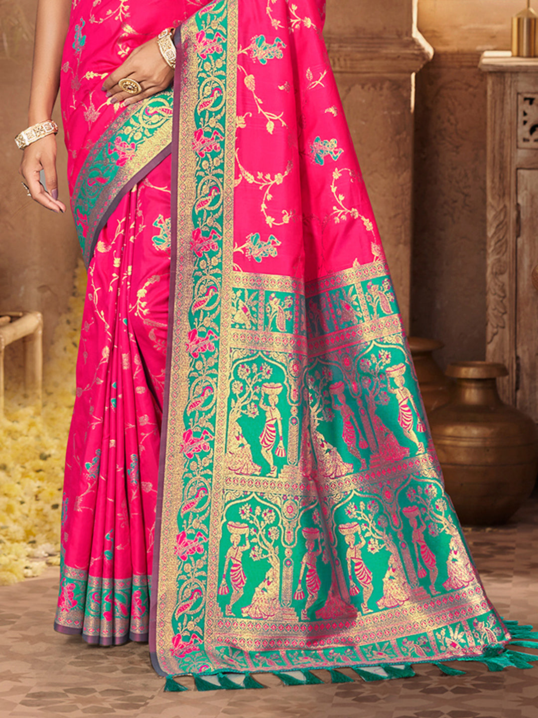 Sangam Prints Rani Pink Silk Woven Work Traditional Saree | Grocsy