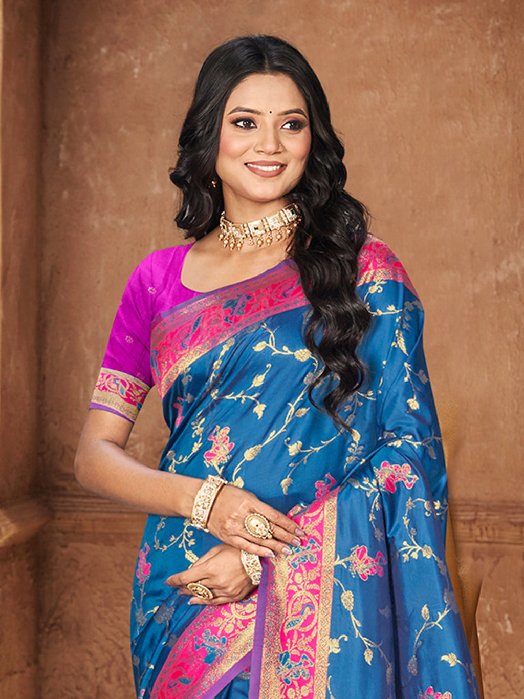 Sangam Prints Peacock Blue Silk Woven Work Traditional Saree | Grocsy