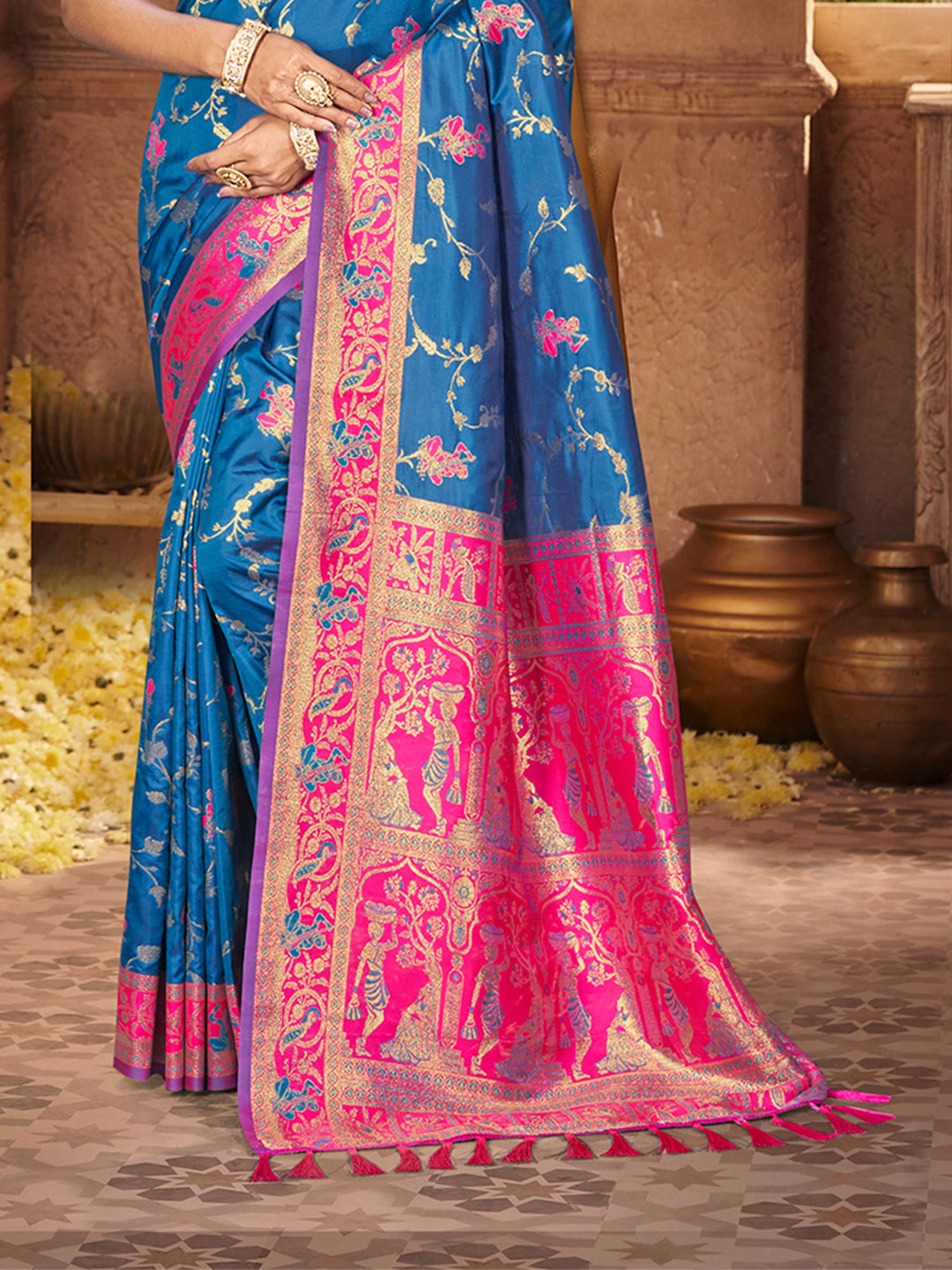 Sangam Prints Peacock Blue Silk Woven Work Traditional Saree | Grocsy