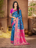 Sangam Prints Peacock Blue Silk Woven Work Traditional Saree | Grocsy