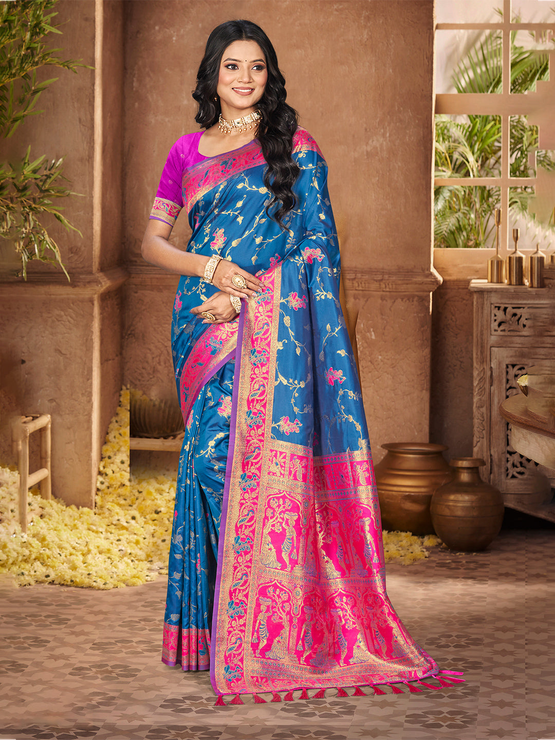 Sangam Prints Peacock Blue Silk Woven Work Traditional Saree | Grocsy