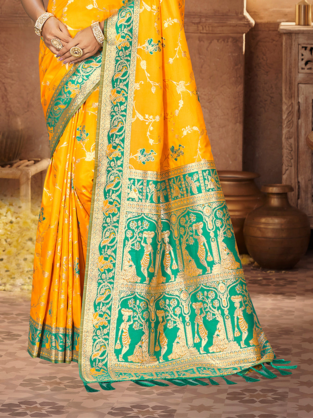 Sangam Prints Yellow Silk Woven Work Traditional Saree | Grocsy