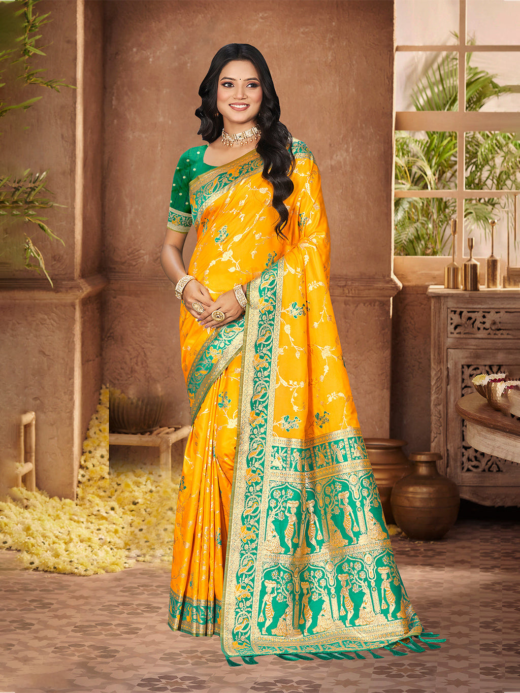 Sangam Prints Yellow Silk Woven Work Traditional Saree | Grocsy