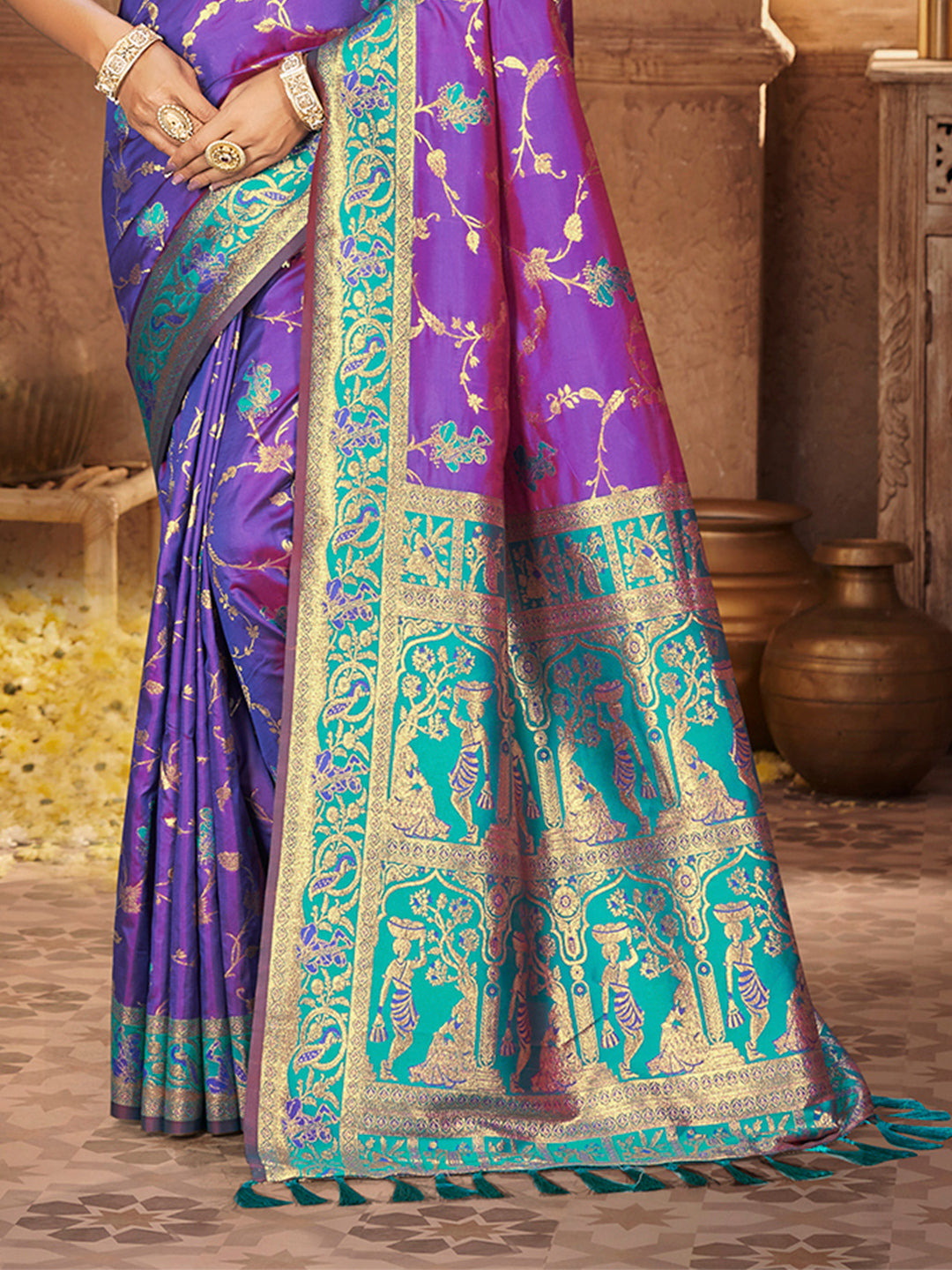 Sangam Prints Purple Silk Woven Work Traditional Saree | Grocsy