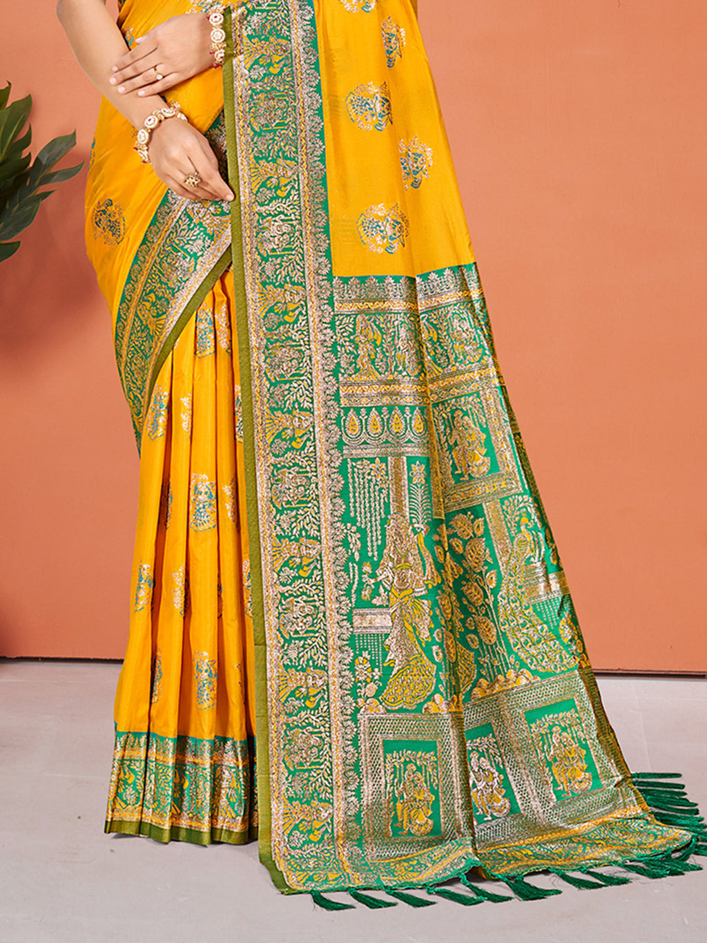 Sangam Prints Yellow Silk Woven Work Traditional Saree | Grocsy