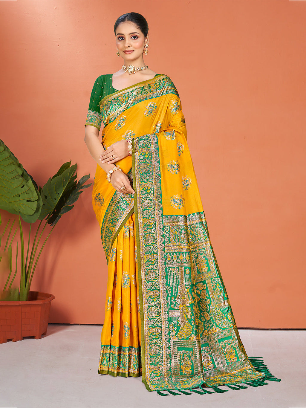 Sangam Prints Yellow Silk Woven Work Traditional Saree | Grocsy