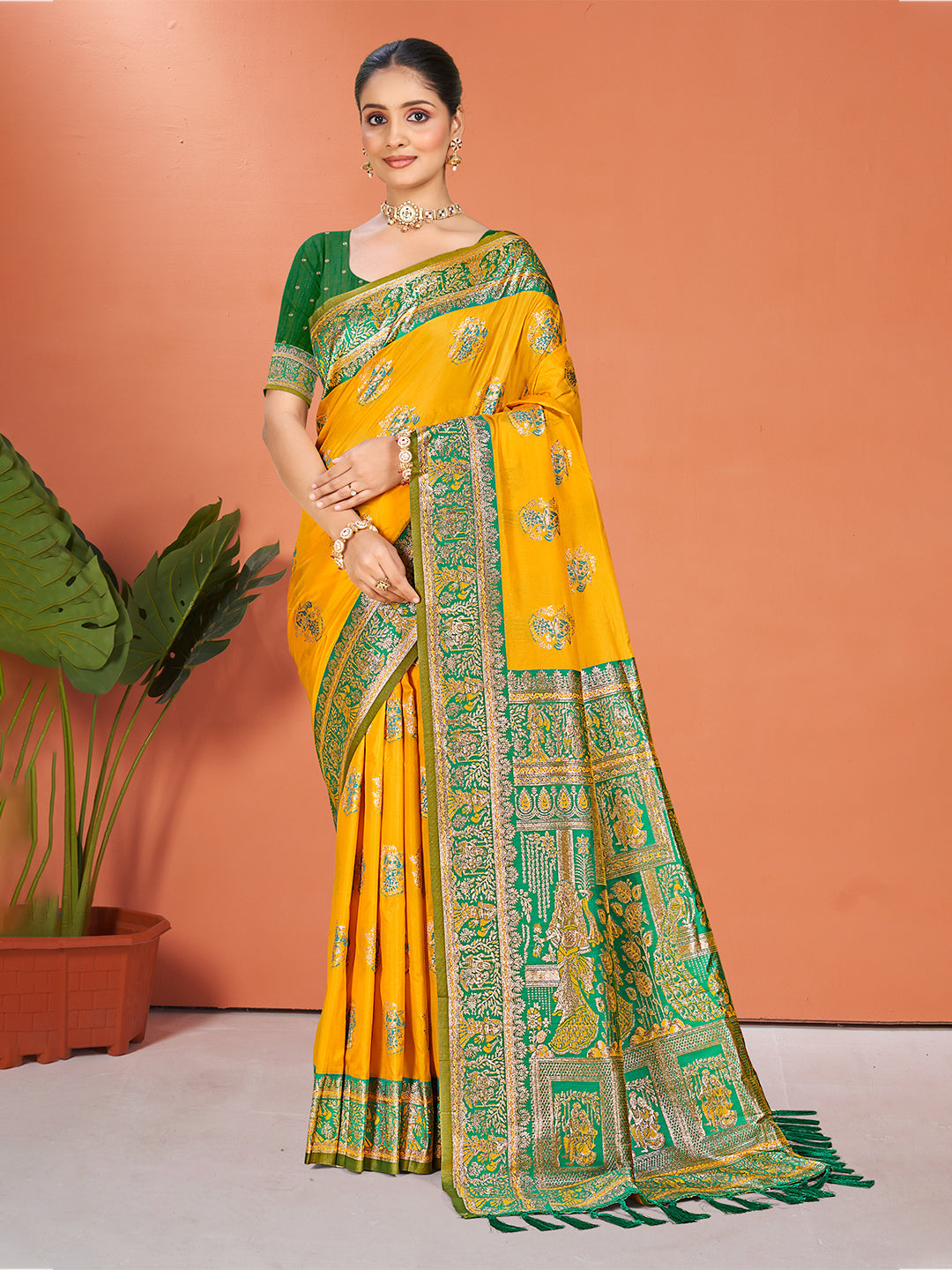 Sangam Prints Yellow Silk Woven Work Traditional Saree | Grocsy