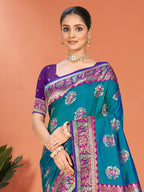 Sangam Prints Teal Blue Silk Woven Work Traditional Saree | Grocsy