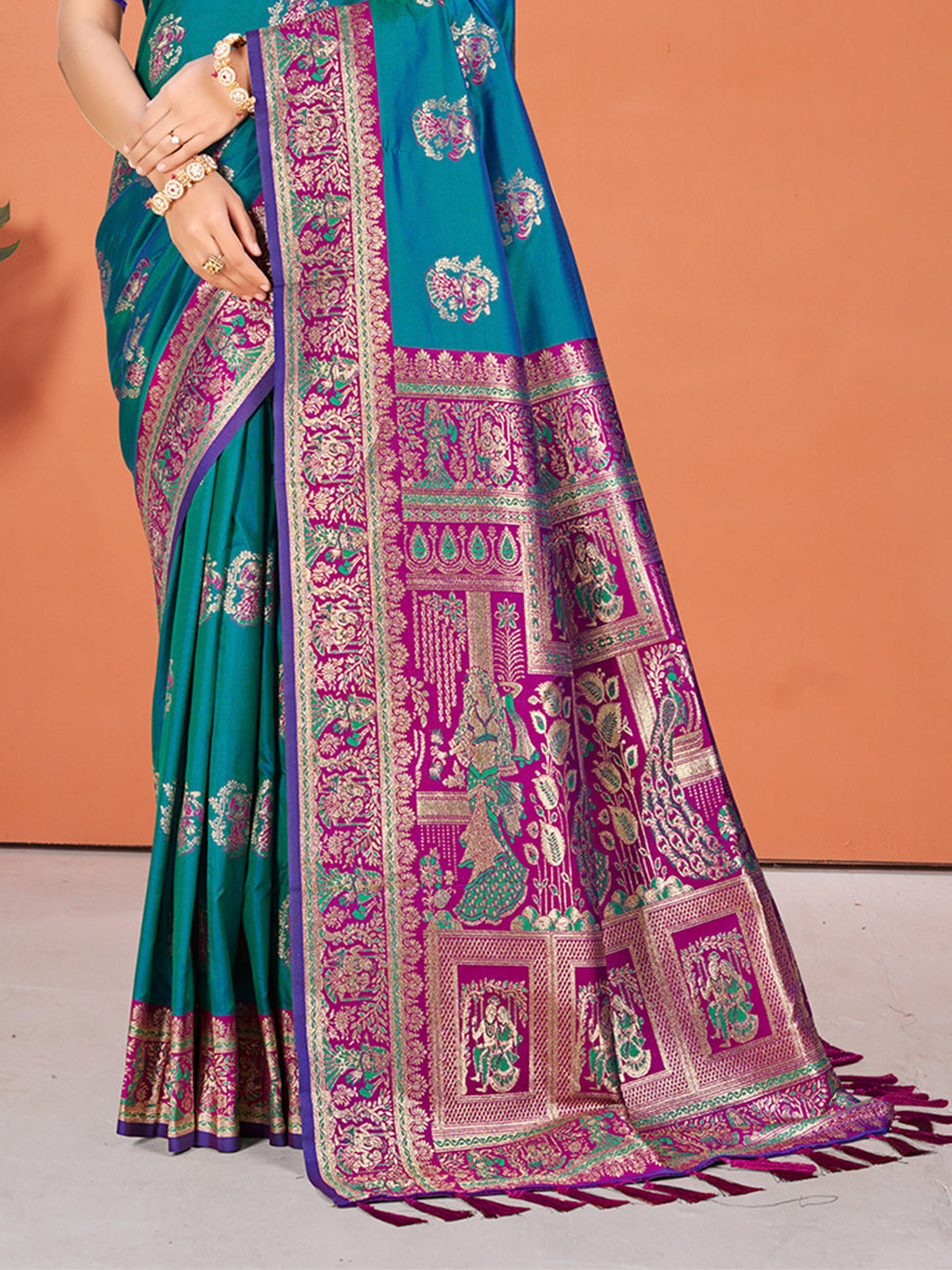 Sangam Prints Teal Blue Silk Woven Work Traditional Saree | Grocsy