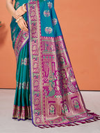 Sangam Prints Teal Blue Silk Woven Work Traditional Saree | Grocsy