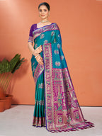 Sangam Prints Teal Blue Silk Woven Work Traditional Saree | Grocsy