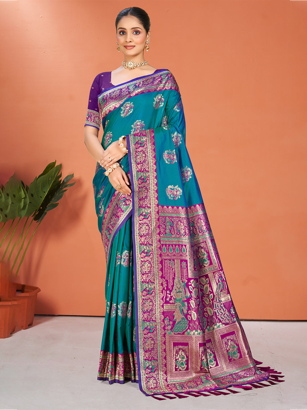Sangam Prints Teal Blue Silk Woven Work Traditional Saree | Grocsy